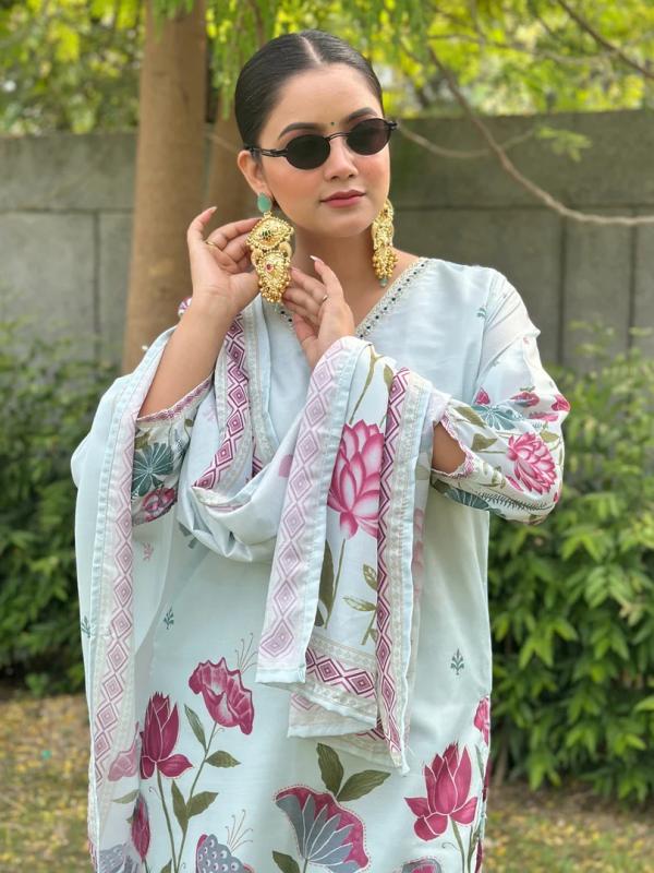 VP 9818 SKY Pastel Lotus Bloom Silk Blend Digital Print Kurta Set